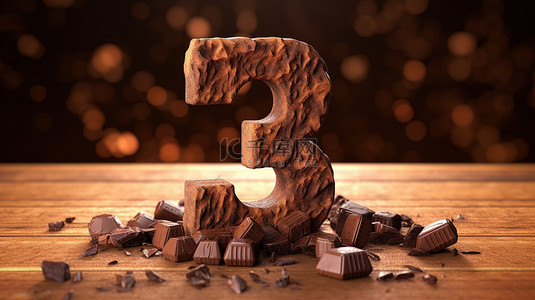 用巧克力块和碎片制作的数字三的 3D 插图