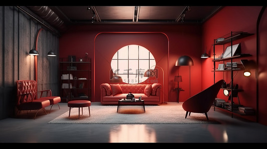 家居生活高品质背景图片_现代摄影工作室内部配有高品质照明设备和窗户景观，包括舒适的扶手椅 3D 渲染