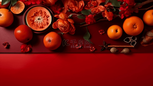红色花卉水果橙子中国风格节日广告背景