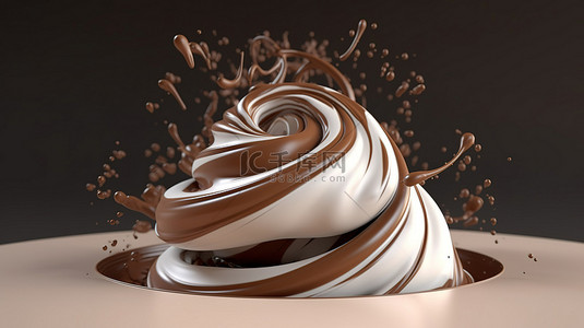 牛奶和巧克力旋转成风暴形状 3D 渲染与剪切路径
