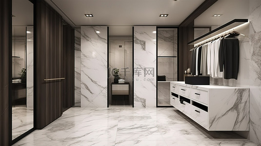 厕所公用背景图片_现代浴室和衣柜，配有大理石瓷砖和步入式衣柜，采用 3D 渲染