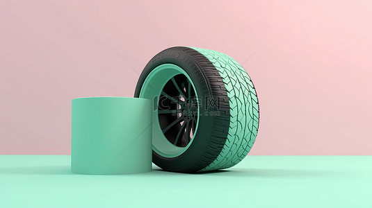 踏上背景图片_具有极简主义场景的柔和柔和背景上的轮胎和轮辋的孤立 3D 渲染