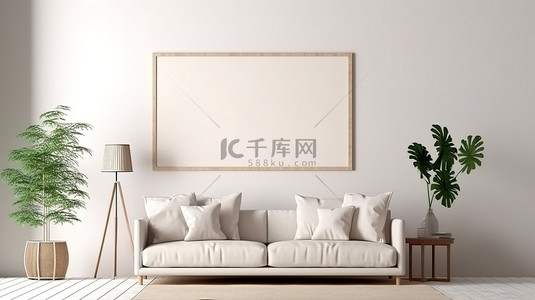 信息广告墙背景图片_现代客厅装饰，配有模型框架白色沙发和干净的墙壁