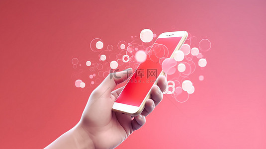 营销长图背景图片_手握智能手机上的语音气泡，用 3D 图形说明社交媒体和营销概念