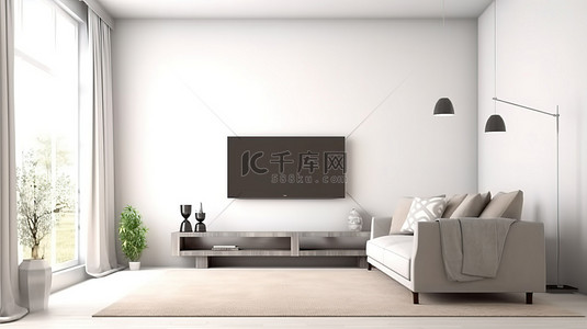 现代风格的客厅配有空沙发电视和白墙 3D 渲染