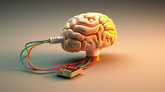 人与科学背景图片_通过 USB 电缆的神经连接 3D 插图与复制空间