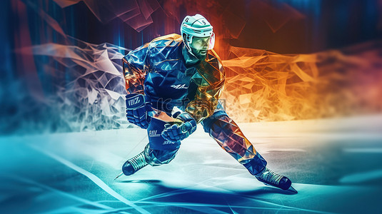 曲棍球运动员在溜冰场滑冰的多边形风格 3D 插图