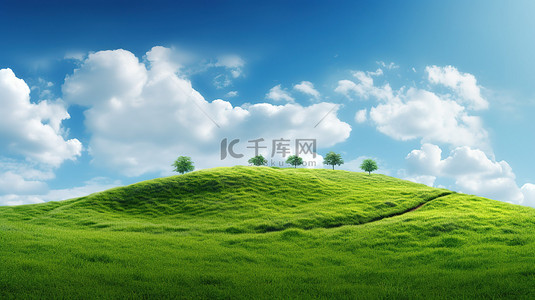绿色的云彩背景图片_令人惊叹的 3D 渲染，连绵起伏的绿色山丘，蓬松的云彩和明亮的蓝天