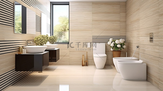 时尚的现代浴室配有斑马条纹瓷砖，配有马桶和坐浴盆 3D 渲染