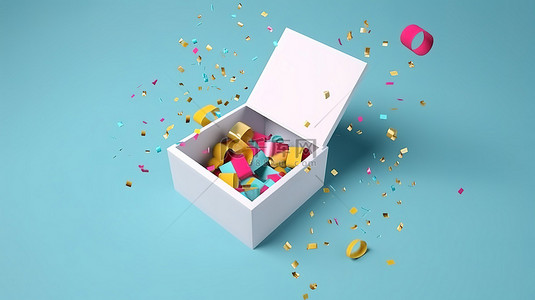 生日海报模板背景图片_顶视图打开礼品盒，配有五彩纸屑和空白纸，用于可定制设计 3D 渲染