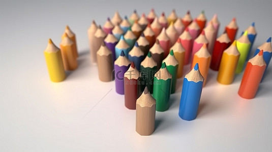 白桌上彩色铅笔系列的 3D 渲染