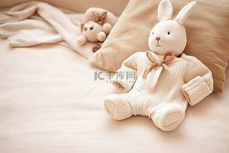 婴儿装，上面有可爱的兔子毛绒玩具