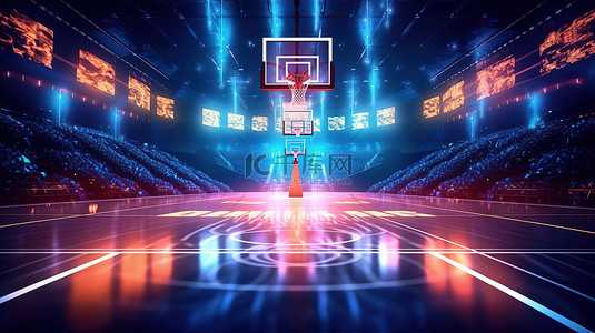 带场灯的照明篮球场的 3D 渲染