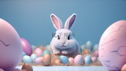 复活节彩蛋斯特拉瓦甘扎有趣的兔子占据讲台，周围环绕着彩色鸡蛋 3D 渲染