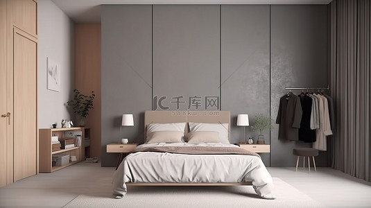 灰色简约墙背景图片_时尚简约的卧室模型，采用中性色调和斯堪的纳维亚设计，配有灰色床靠着空白墙壁，步入式衣柜 3D 视觉效果