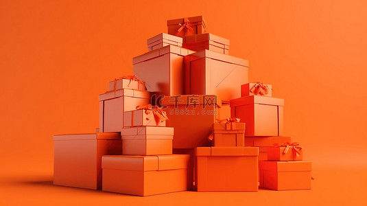 一堆礼盒的橙色主题商业设计 3d 渲染