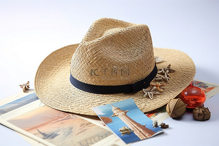 带护照和贝壳的旅行纪念品沙滩帽