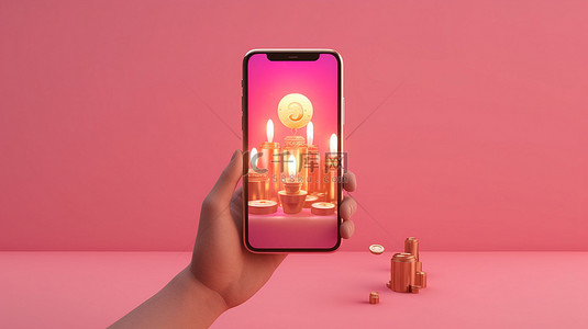 加密股票投资概念智能手机和烛台的 3D 渲染，手持粉红色背景的硬币