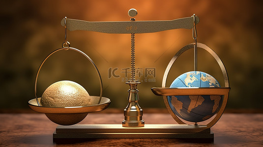 平衡和背景图片_地球仪和硬币的 3D 插图代表平衡和公平，元素由 NASA 提供