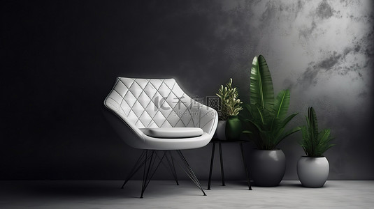 椅子家具背景图片_现代白色皮椅，配有光滑的金属腿和别致的混凝土墙背景，非常适合室内家具销售