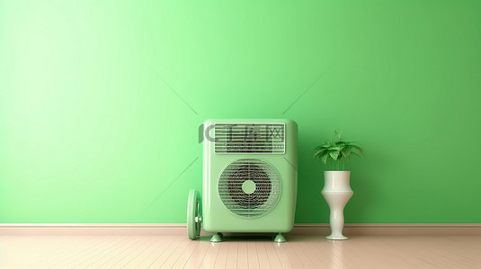 空调背景背景图片_绿色房间中便携式空调的 3D 渲染