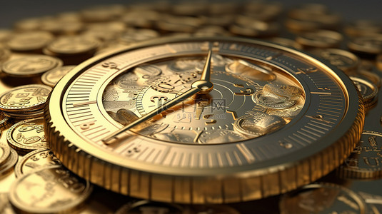 时间等于金钱概念的卡通风格插图，具有 3D 圆形时钟和美元硬币