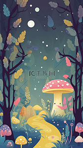 彩色蘑菇五颜六色的树叶风景装饰图案自然风景