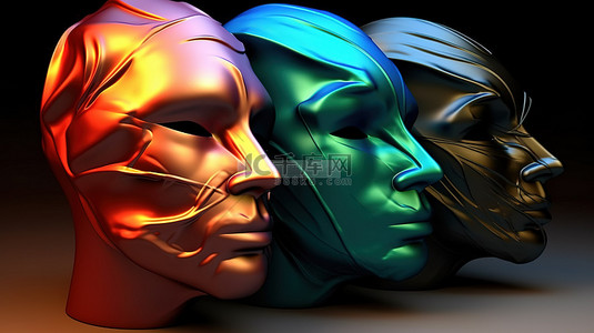 面具伪装背景图片_令人惊叹的 3D 渲染中的三个彩色面具
