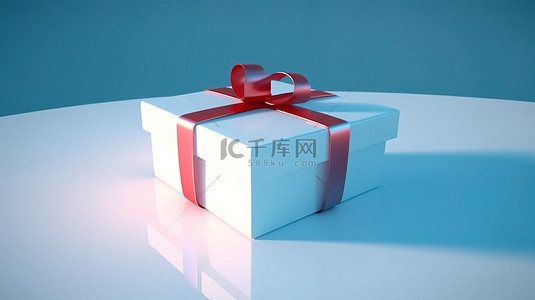 蓝色背景的礼品背景图片_蓝色背景上带有红色蝴蝶结的白色礼盒，以惊人的 3D 效果描绘