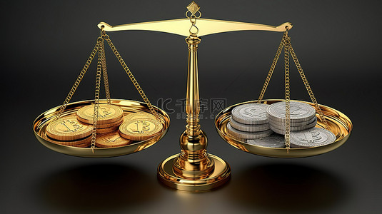 金融币背景图片_比特币和美元硬币的价值比较秤上的 3D 渲染插图