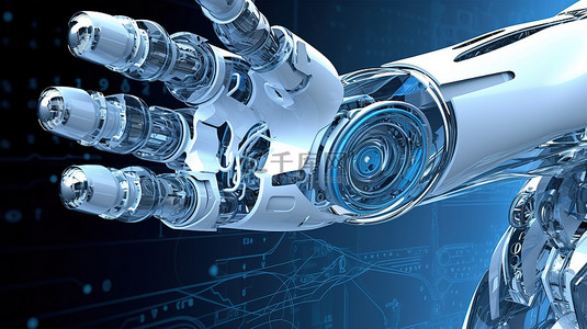 自动化的未来 3D 渲染带有线框机械臂的机器人