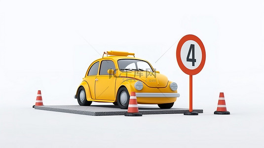 3D 渲染白色背景，带有卡通汽车屏障和显示“道路封闭”的停车标志