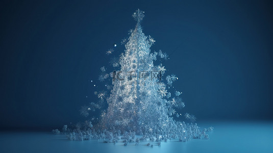 仙境绿色背景图片_蓝色冬季仙境 3D 渲染的圣诞树出现在雪花中
