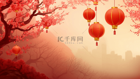 传统图案边框背景图片_春节红色花树背景