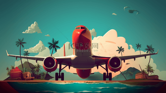 旅行广告背景背景图片_飞机海岛椰子树蓝天白云卡通旅行广告背景
