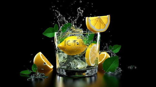 柠檬冰饮背景图片_黑色背景 3D 渲染上带有掉落柠檬片冰块和薄荷叶的清爽饮料