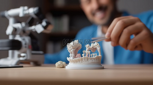 牙科医生使用微型正畸螺钉捕获放在桌面上的 3D 口腔模型的图像
