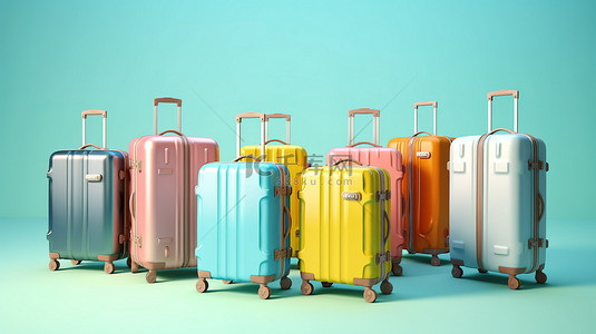 浅蓝色背景上色彩鲜艳的手提箱的 3D 渲染非常适合旅行和流浪主题