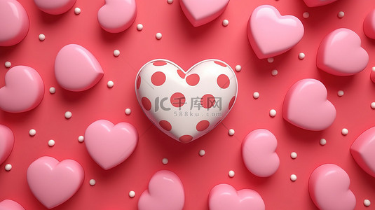 情人节灵感粉红色背景的 3D 渲染，带有抽象圆点和白色心形