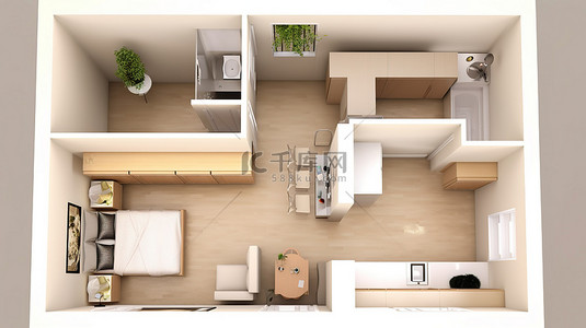 舒适的一室公寓的 3D 渲染