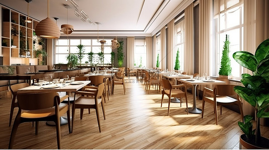 咖啡厅或餐厅中设计完美的用餐区令人惊叹的 3D 渲染