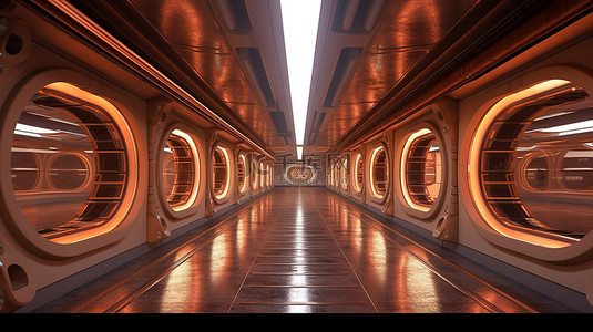 科幻宇宙飞船或空间站的未来走廊的 3D 插图