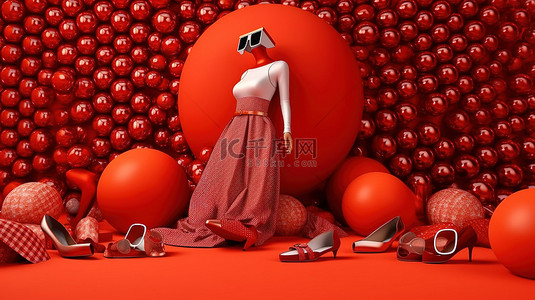 上女背景图片_红色背景上充满活力的球海洋中的时尚物品，包括连衣裙裤子帽子钱包高跟鞋太阳镜和运动衫 3D 渲染