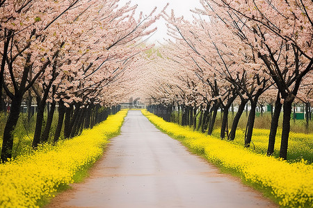 旅行黄色背景图片_道路两旁种着黄色的樱花树