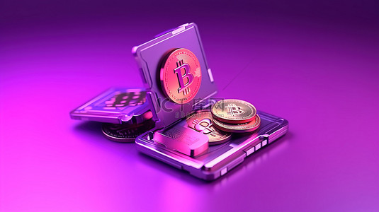 加密硬件钱包内带有硬币的紫色背景的 3D 渲染插图