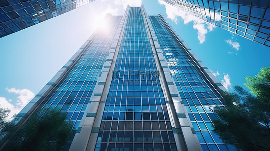 企业城市背景图片_从低角度透视 3D 渲染捕获的玻璃窗的未来企业摩天大楼