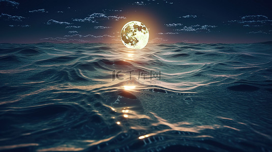 3D 渲染的海浪与发光的月亮反射