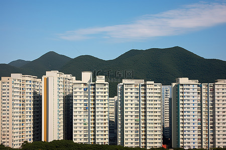 一些高层公寓楼聚集在山附近