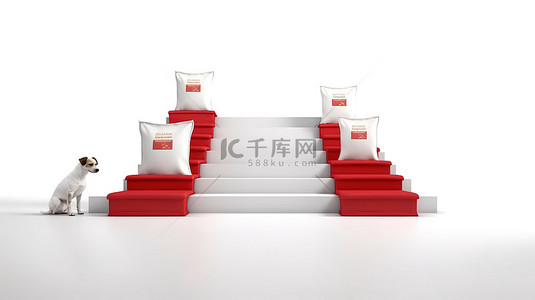 狗粮包装的 3D 渲染在圆形白色基座上，带有台阶和白色背景的红地毯