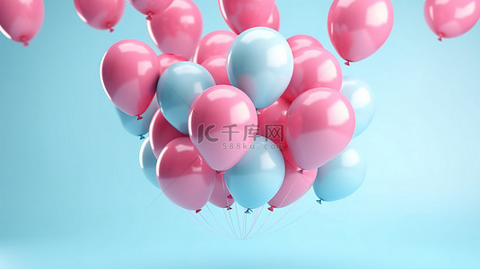 别致的粉色气球从简约蓝色环境中的一个洞中流出，是理想的礼物选择